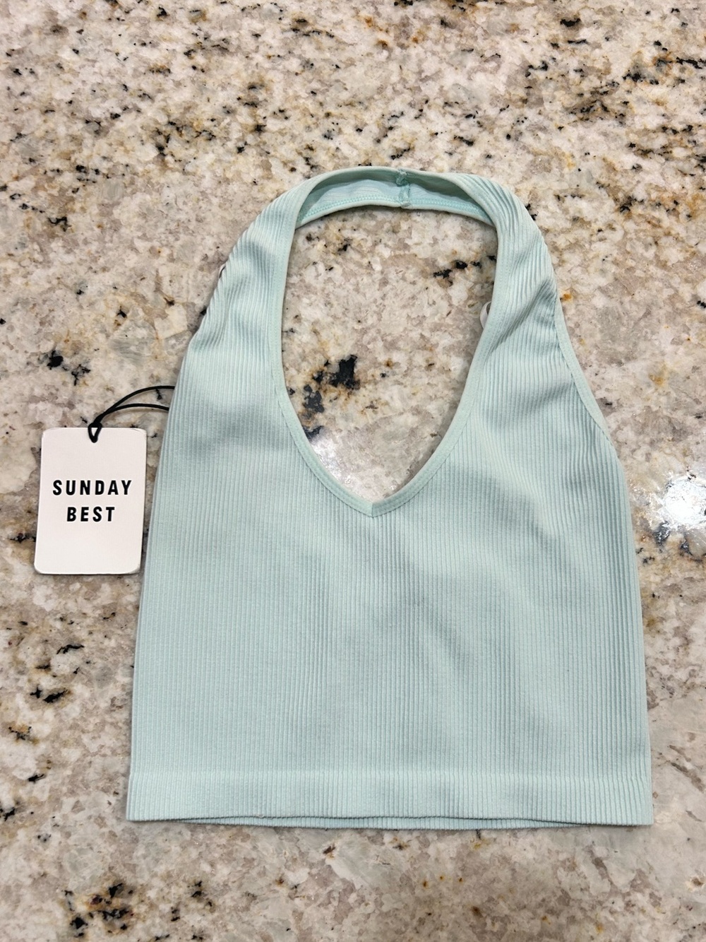 NWT Aritzia Sunday Best Aquamarine Ribbed Halter Crop Top